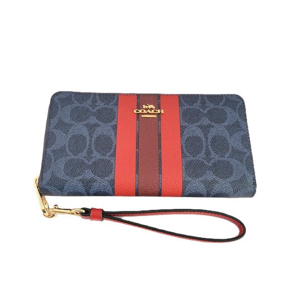 Coach CBO09 Long Zip Around Wallet Signature Varsity Stripe Denim Bold Red - Picture 1 of 7